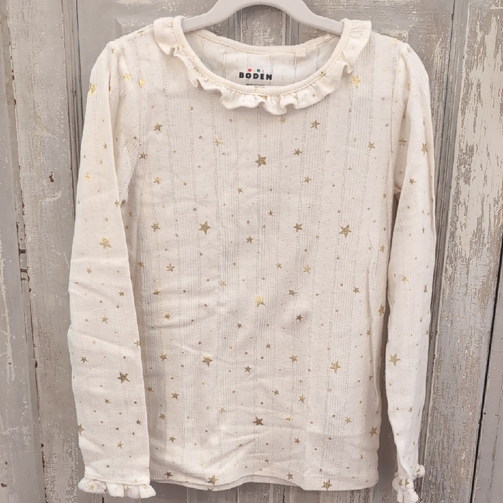 Boden Ruffle Sparkle Pointelle Shirt With Gold Foil Star
